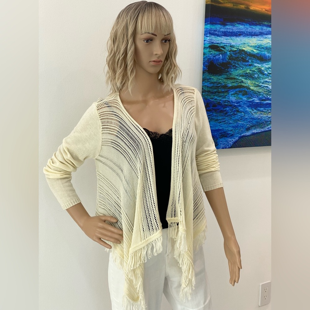 Pretty Cream Women's Open Knit Cardigan with Fringe